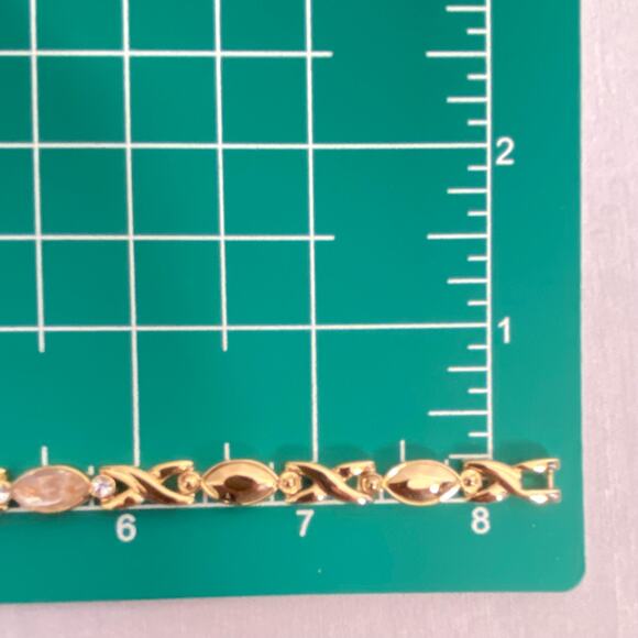 XO Bracelet Gold Tone Chain Links With Clear Round And Oval Stones Folding Clasp - Picture 10 of 10